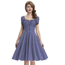 Belle Poque Ladies Short Sleeves 50s Retro Vintage Cotton Navy Blue Dress com bolinhas brancas BP000113-3